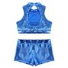 Agoky Kids Girls Ballet Athletic Tracksuits Outfits Sports Dance Crop Tops with Dancing Bottoms Shorts Gymnastics Dancing Blue Sparkly 9-10 view 2