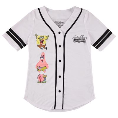 SPONGEBOB SQUAREPANTS Ladies Baseball Jersey - Spongebob, Mr Krabs, Squidward, Patrick Star - Mesh Button Down Baseball Jersey (White Baseball, X-Small)