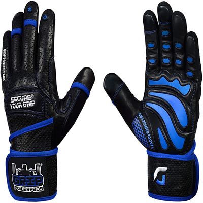 Elite Leather Gym Gloves with Built in 2" Wide Wrist Wraps Grip & Design for Weightlifting Power Lifting Bodybuilding & Strength Training Workout Exercises (Full Fingers Blue, Large)