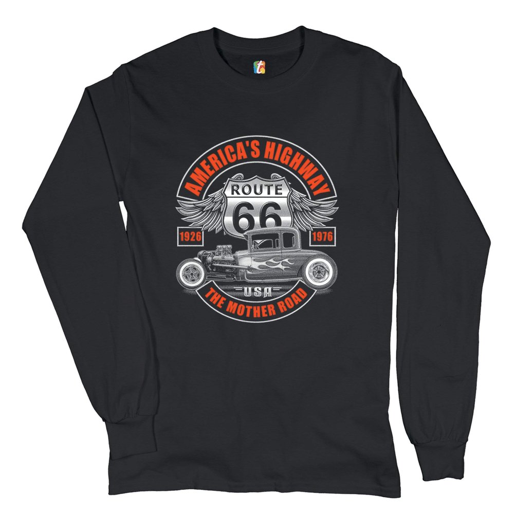 America's Highway Long Sleeve T-Shirt Route 66 The Mother Road Hot Rod Black XX-Large