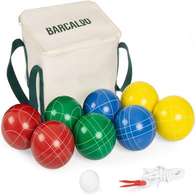 Barcaloo Bocce Ball Set with 8 Premium Resin Multicolor Bocce Balls, Pallino, Carry Bag & Rope
