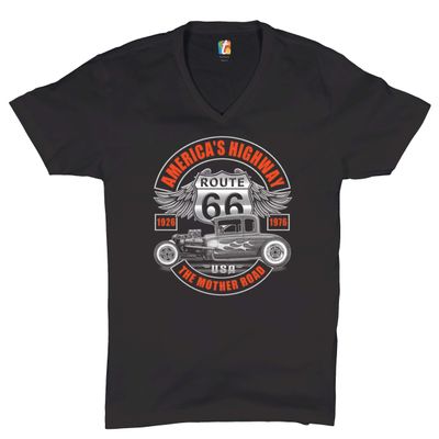 America's Highway V-Neck T-Shirt Route 66 The Mother Road Hot Rod Tee Black Small