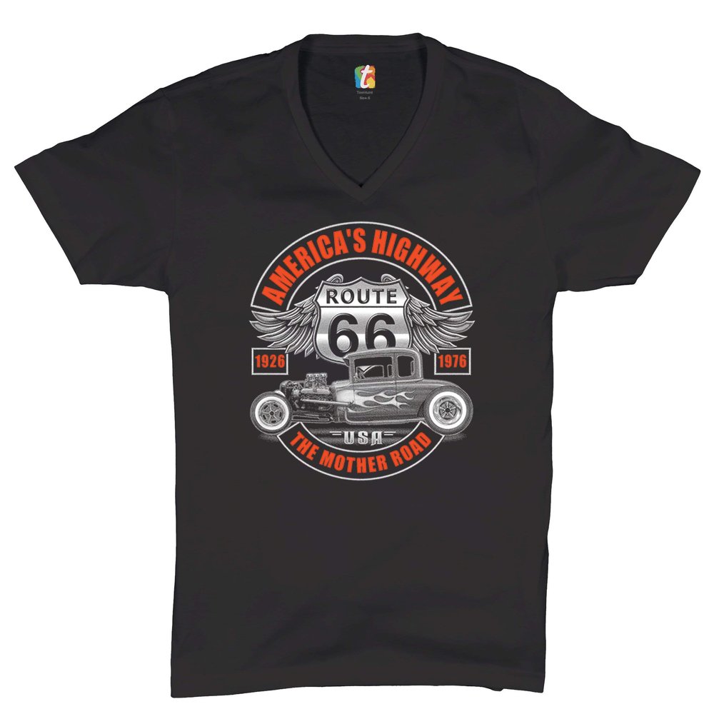 America's Highway V-Neck T-Shirt Route 66 The Mother Road Hot Rod Tee Black Small