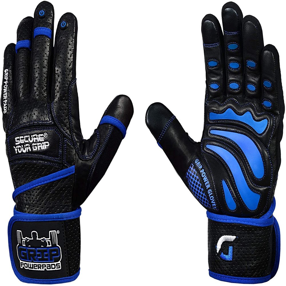 Elite Leather Gym Gloves with Built in 2" Wide Wrist Wraps Grip & Design for Weightlifting Power Lifting Bodybuilding & Strength Training Workout Exercises (Full Fingers Blue, XX-Large)