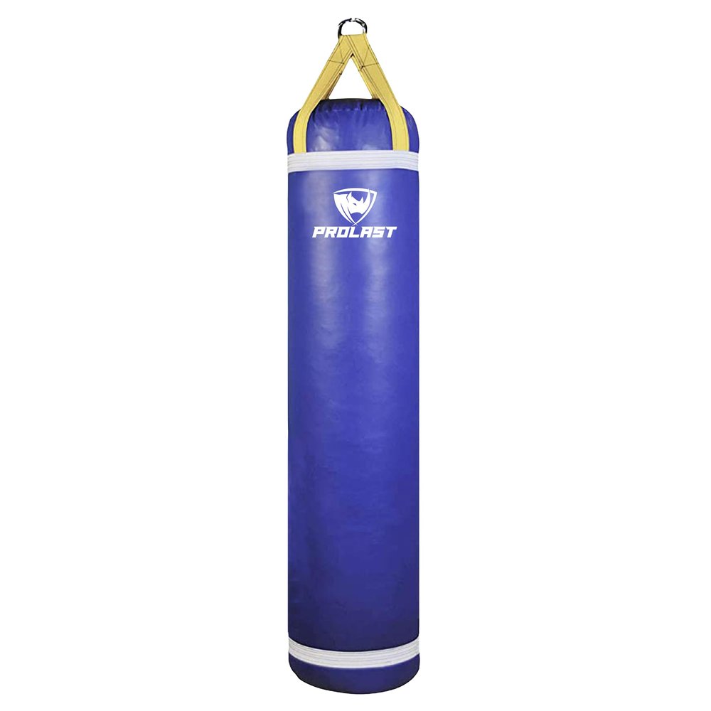 PROLAST Heavy Punching Kicking Bag for Adults, Boxing, MMA, Martial Arts, Muay Thai, Strength Training Equipment, Unfilled, 5ft, 100 lbs, with Bottom D-Ring, Colored Strap and Rhino Logo, Blue