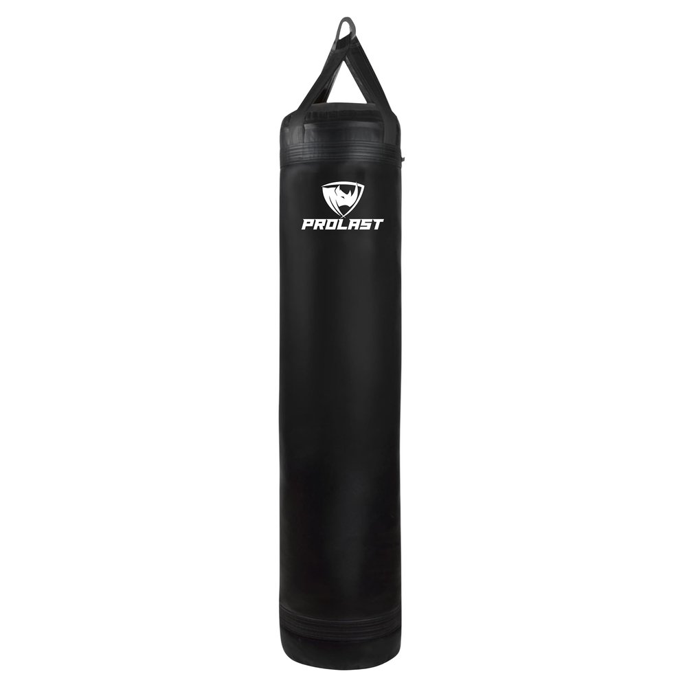 PROLAST Heavy Punching Kicking Bag for Adults, Boxing, MMA, Martial Arts, Muay Thai, Strength Training Equipment, Unfilled, 5ft, 100 lbs, Without Bottom D-Ring, Colored Strap and Rhino Logo, Black