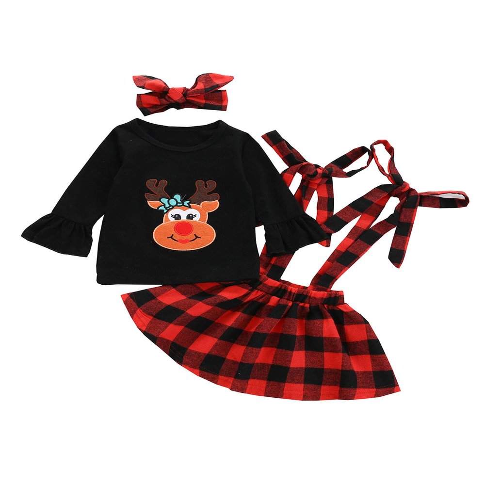 Agoky Infant Baby Girls 2Pcs Flared Long Sleeves Elk Shirt Tops with Plaid Suspender Skirt Summer Casual Wear Outfit Black 2
