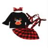 Agoky Infant Baby Girls 2Pcs Flared Long Sleeves Elk Shirt Tops with Plaid Suspender Skirt Summer Casual Wear Outfit Black 2 view 1