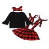 Agoky Infant Baby Girls 2Pcs Flared Long Sleeves Elk Shirt Tops with Plaid Suspender Skirt Summer Casual Wear Outfit Black 2 view 2
