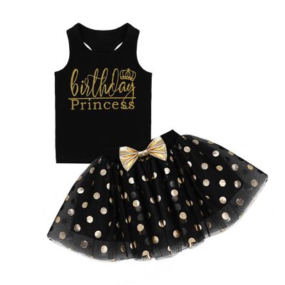 Jowowha Infant Baby Girls Racer-Back Vest Tops with Golden Polka Dots Bowknot Mesh Tutu Skirt Birthday Dress Outfit Set Black 4T