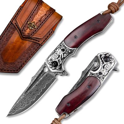 TURENZ Folding Tactical Knife with 3inch Handmade Damascus Steel Blade, Wooden Handle, Liner Lock, Sheath, EDC Pocket Knife for Men