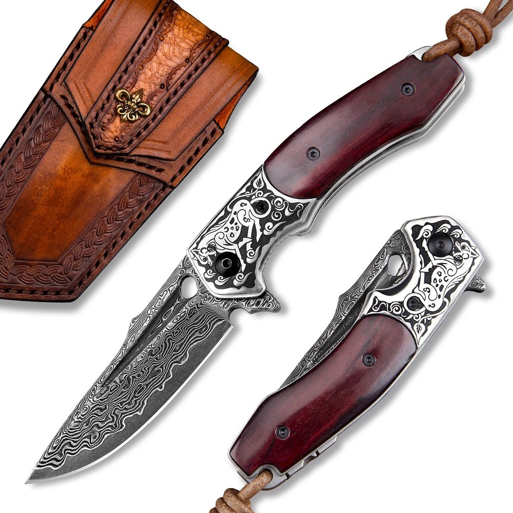 TURENZ Folding Tactical Knife with 3inch Handmade Damascus Steel Blade, Wooden Handle, Liner Lock, Sheath, EDC Pocket Knife for Men