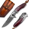 TURENZ Folding Tactical Knife with 3inch Handmade Damascus Steel Blade, Wooden Handle, Liner Lock, Sheath, EDC Pocket Knife for Men view 1