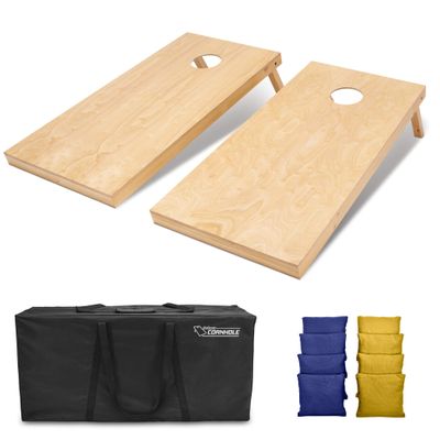 GoSports 4 ft x 2 ft Regulation Size Wooden Cornhole Boards Set with Natural Wood Stain Finish - Includes Carrying Case - Navy Blue & Gold
