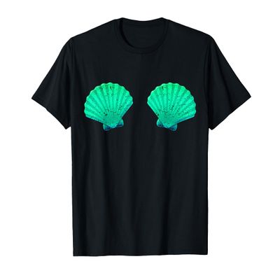 Funny Mermaid Shell Bra Top Festival Seashell Party T-Shirt, Men, Black, Small