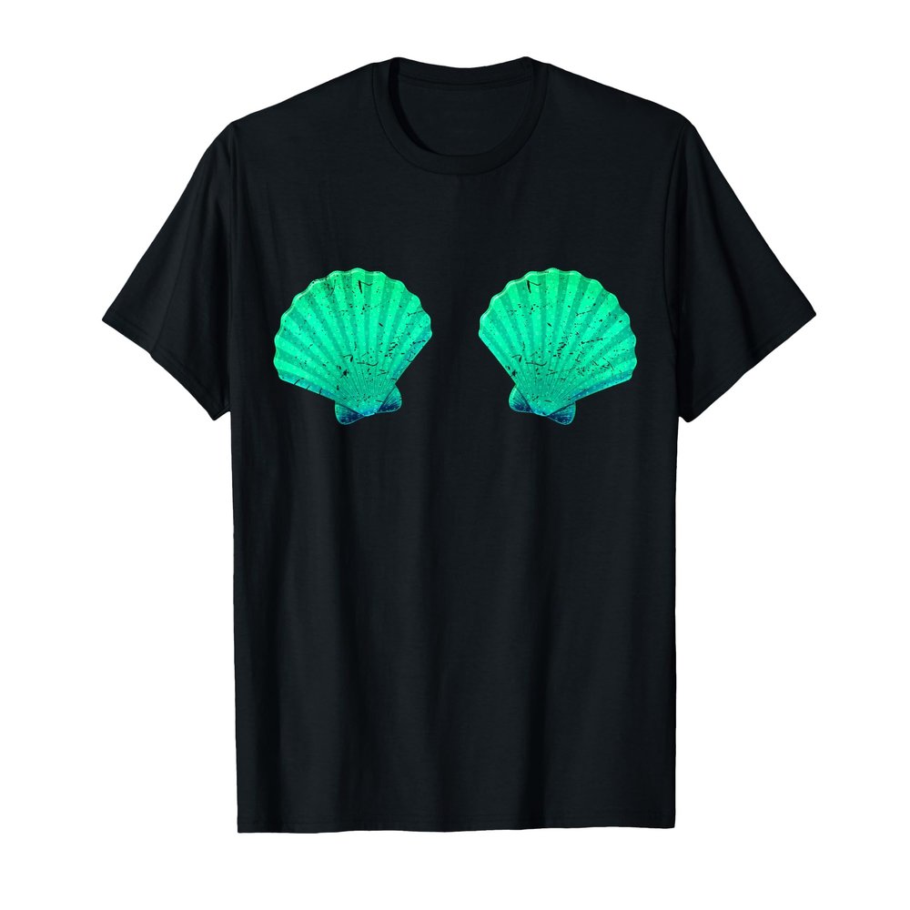 Funny Mermaid Shell Bra Top Festival Seashell Party T-Shirt, Men, Black, Small