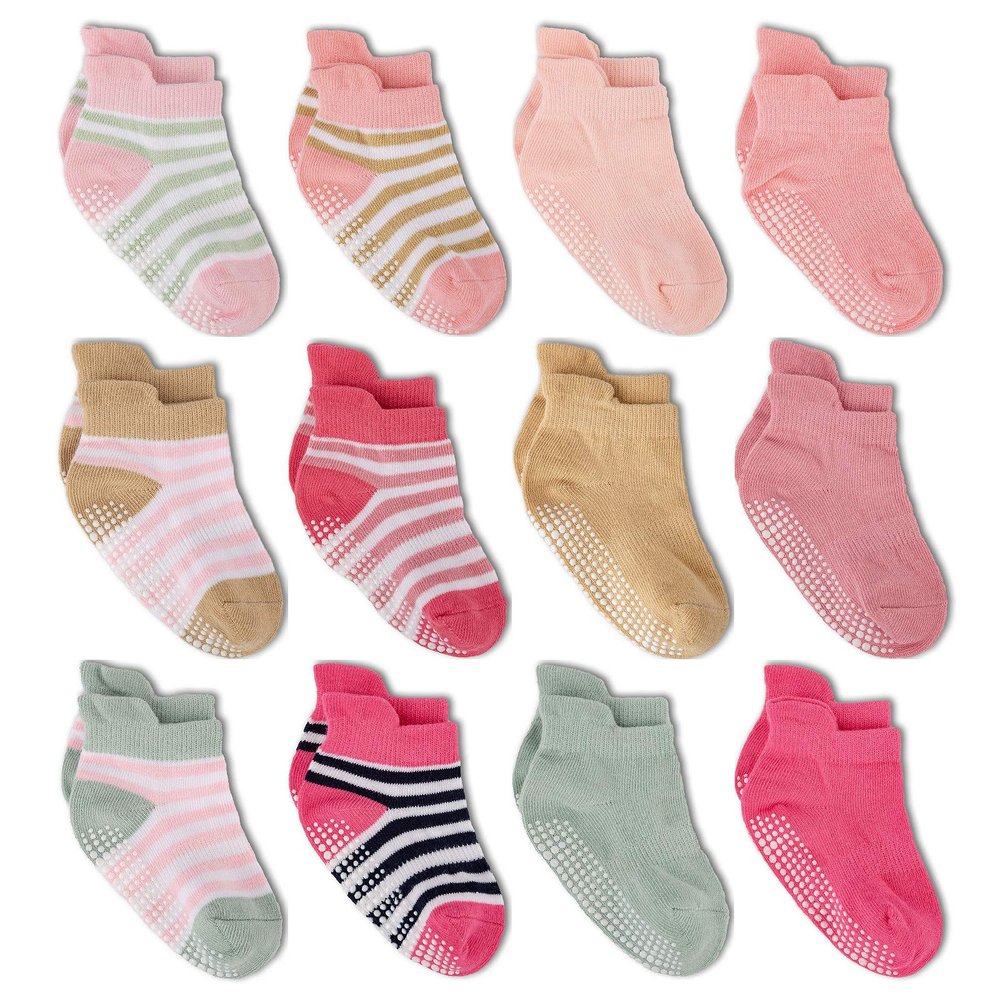 Zaples Baby Girls Non Slip Grip Ankle Socks with Non Skid Soles for Infants Toddlers Kids, Pink Princess, 6-12 Months