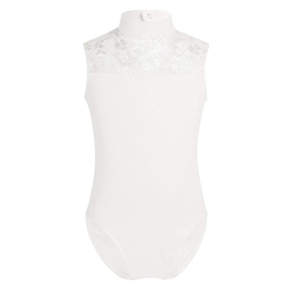 FEESHOW Big Girls' Cap Sleeve Floral Lace Back Gymnastics Leotard Bodysuit Ballet Dance wear Costume Mock Neck Ivory 8-10