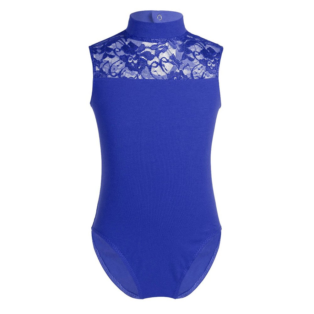 FEESHOW Big Girls' Cap Sleeve Floral Lace Back Gymnastics Leotard Bodysuit Ballet Dance wear Costume Mock Neck Blue 10-12