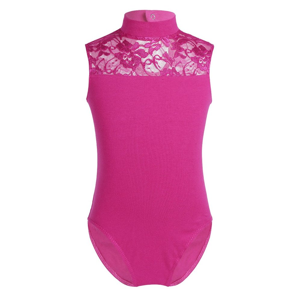 FEESHOW Big Girls' Cap Sleeve Floral Lace Back Gymnastics Leotard Bodysuit Ballet Dance wear Costume Mock Neck Rose Red 8-10