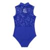 FEESHOW Big Girls' Cap Sleeve Floral Lace Back Gymnastics Leotard Bodysuit Ballet Dance wear Costume Mock Neck Blue 5-6 view 4