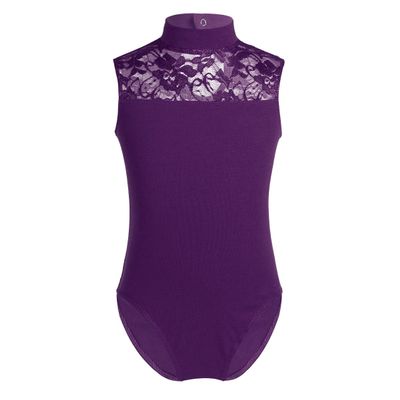 FEESHOW Big Girls' Cap Sleeve Floral Lace Back Gymnastics Leotard Bodysuit Ballet Dance wear Costume Mock Neck Purple 12-14
