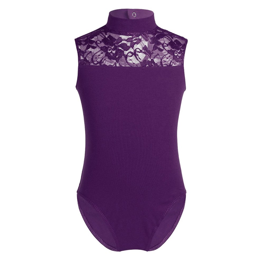 FEESHOW Big Girls' Cap Sleeve Floral Lace Back Gymnastics Leotard Bodysuit Ballet Dance wear Costume Mock Neck Purple 12-14