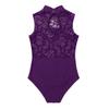 FEESHOW Big Girls' Cap Sleeve Floral Lace Back Gymnastics Leotard Bodysuit Ballet Dance wear Costume Mock Neck Purple 12-14 view 4