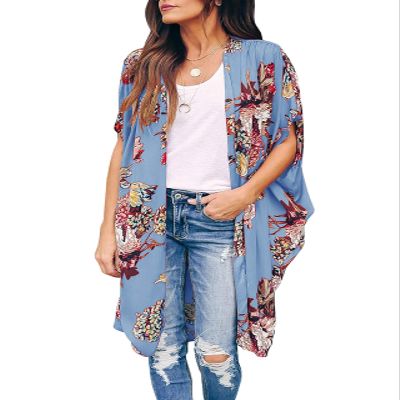 Ivay Womens Floral Kimono Duster Cardigans Short Sleeve Draped Oversized Beach Cover Up Cape (Sky blue, Medium)
