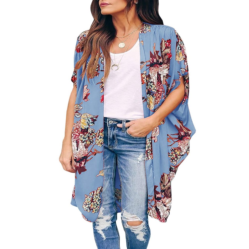 Ivay Womens Floral Kimono Duster Cardigans Short Sleeve Draped Oversized Beach Cover Up Cape (Sky blue, Medium)
