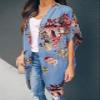 Ivay Womens Floral Kimono Duster Cardigans Short Sleeve Draped Oversized Beach Cover Up Cape (Sky blue, Medium) view 2