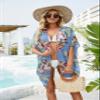 Ivay Womens Floral Kimono Duster Cardigans Short Sleeve Draped Oversized Beach Cover Up Cape (Sky blue, Medium) view 3