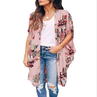 Ivay Womens Floral Kimono Duster Cardigans Short Sleeve Draped Oversized Beach Cover Up Cape (Red, Small)