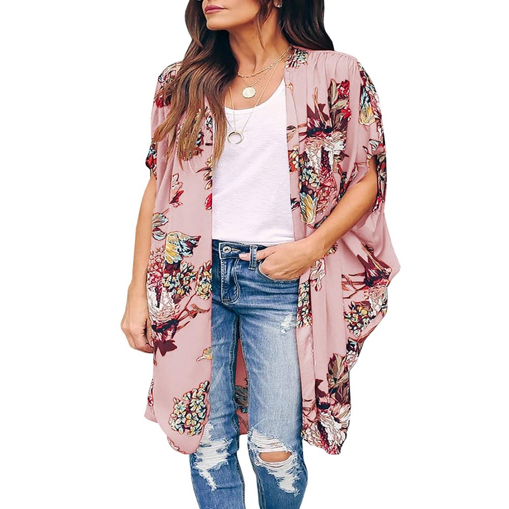 Ivay Womens Floral Kimono Duster Cardigans Short Sleeve Draped Oversized Beach Cover Up Cape (Red, Small)