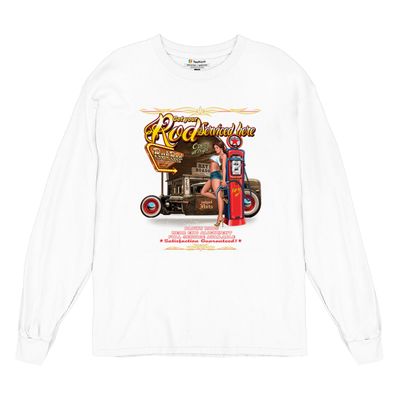 Get Your Rod Services Here Long Sleeve T-Shirt Route 66 Hot Rod Pin-up Girl White Small