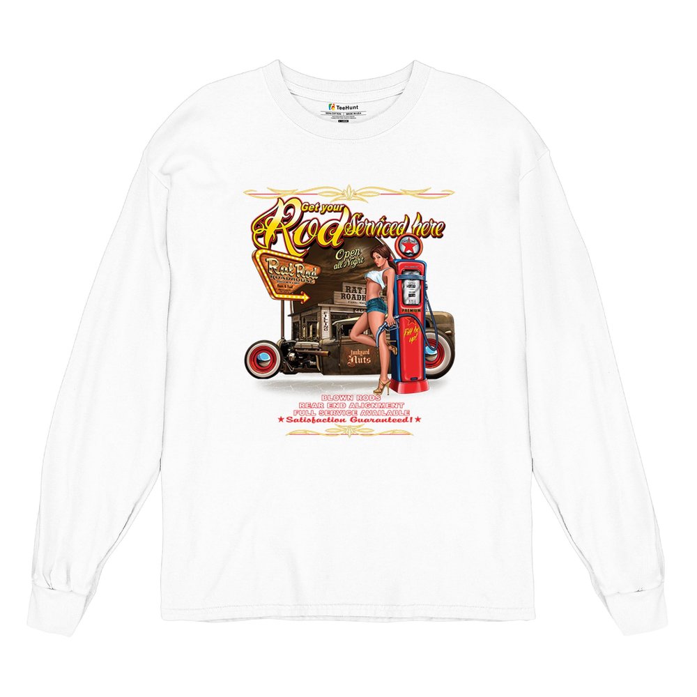 Get Your Rod Services Here Long Sleeve T-Shirt Route 66 Hot Rod Pin-up Girl White Small