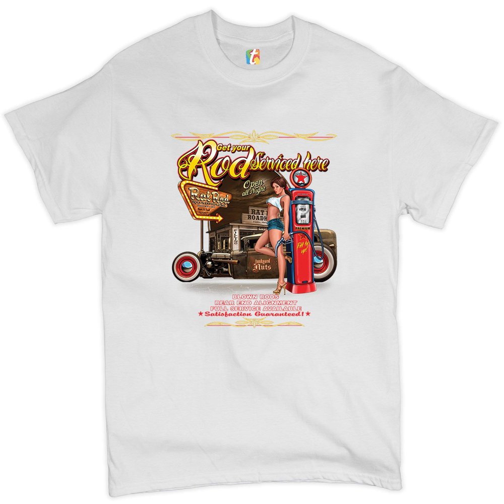 Get Your Rod Services Here T-Shirt Route 66 Hot Rod Pin-up Girl Men's Tee White Small