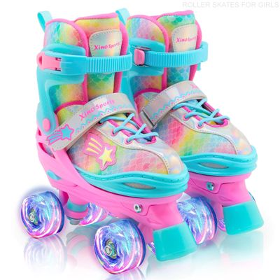 Xino Sports Adjustable Roller Skates for Kids - Pro Quality - Beginner Friendly with Illuminating LED Light-Up Wheels, Durable and Comfortable Design for Boys and Girls (Rainbow, Small - J10-J13)