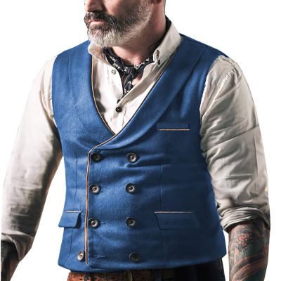 Ceehuteey Men's Causal Double-Breasted Suede Suit Vest Slim Fit Leather Formal Wedding Wasitcoat(Blue,Customized Size)
