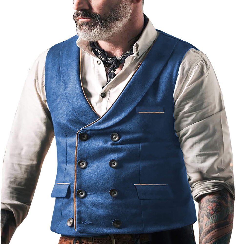 Ceehuteey Men's Causal Double-Breasted Suede Suit Vest Slim Fit Leather Formal Wedding Wasitcoat(Blue,Customized Size)