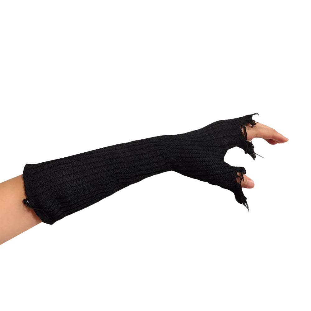 Luyesent Black Gray Beige Tattered Punk Unisex Fingerless Cuff Knit Gloves Elbow Length Mittens Broken Cool Stretch Arm Warmer (Black)