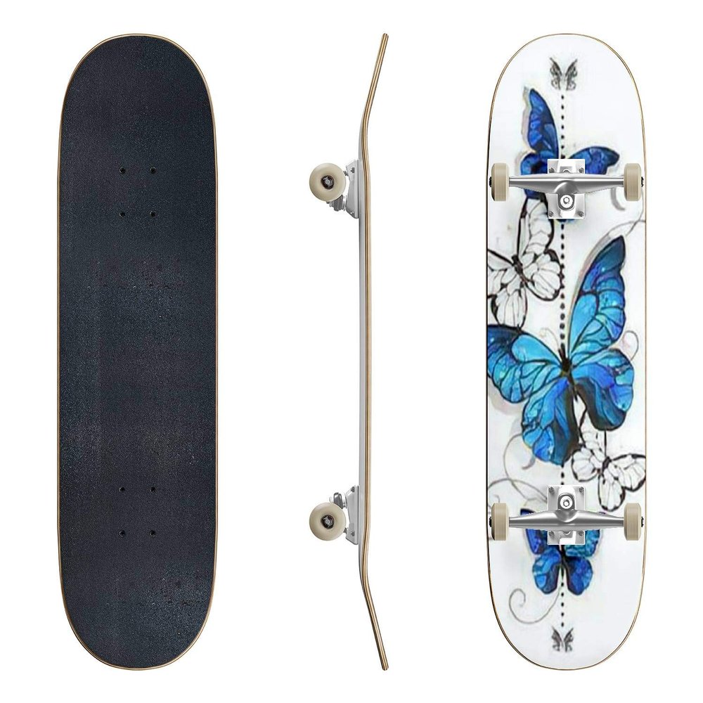 EFTOWEL Skateboards Composition of Blue Butterflies Morpho and White Butterflies on White Classic Concave Skateboard Cool Stuff Teen Gifts Longboard Extreme Sports for Beginners and Professionals