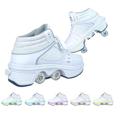 MLyzhe Fashiums Deformation Roller Shoes Male and Female Skating Shoes Adult Children's Automatic Walking Shoes Invisible Pulley Shoes Skates with Double-Row Deform Wheel (35, with Flash)