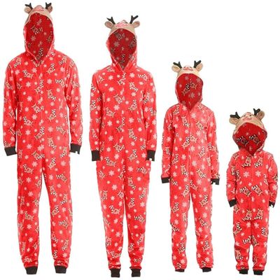 Matching Family Christmas Pajamas Sets Elk Antler Hooded Romper PJ's Zipper Jumpsuit Loungewear(Men,L)