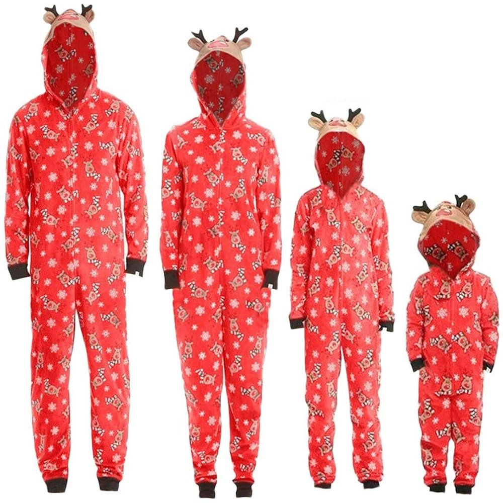 Matching Family Christmas Pajamas Sets Elk Antler Hooded Romper PJ's Zipper Jumpsuit Loungewear(Men,L)
