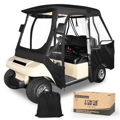 10L0L 4 Passenger Golf Cart Enclosure for Club Car DS, Driving Rain Cover (Short Roof 56-59" with Bench) Windproof Waterproof Portable 4-Sided Clear Window & Durable YKK Door Zipper (Black