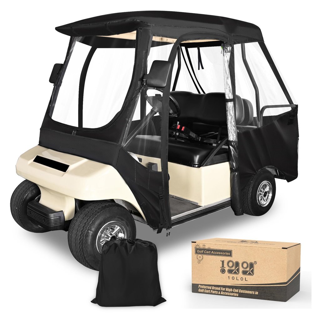 10L0L 4 Passenger Golf Cart Enclosure for Club Car DS, Driving Rain Cover (Short Roof 56-59" with Bench) Windproof Waterproof Portable 4-Sided Clear Window & Durable YKK Door Zipper (Black