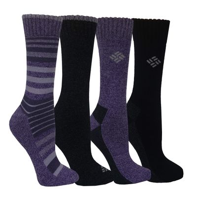 Columbia Women's 4 Pack Moisture Control Crew Socks, Plum/Black, Shoe Size 4-10