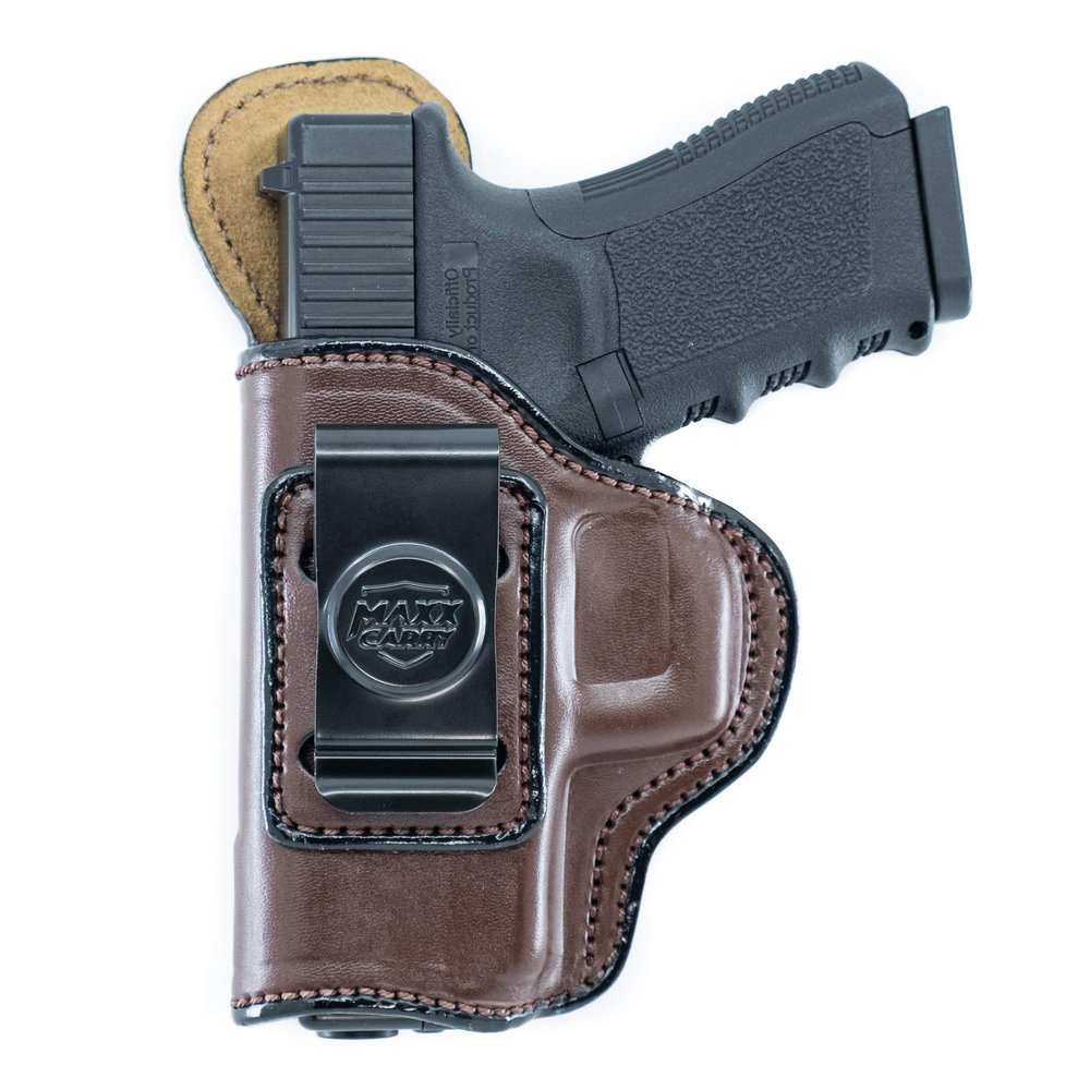 Maxx Carry Inside The Waistband Leather Holster for Ruger SR45. IWB Holster with Clip Conceal Carry. Brown Left Hand.