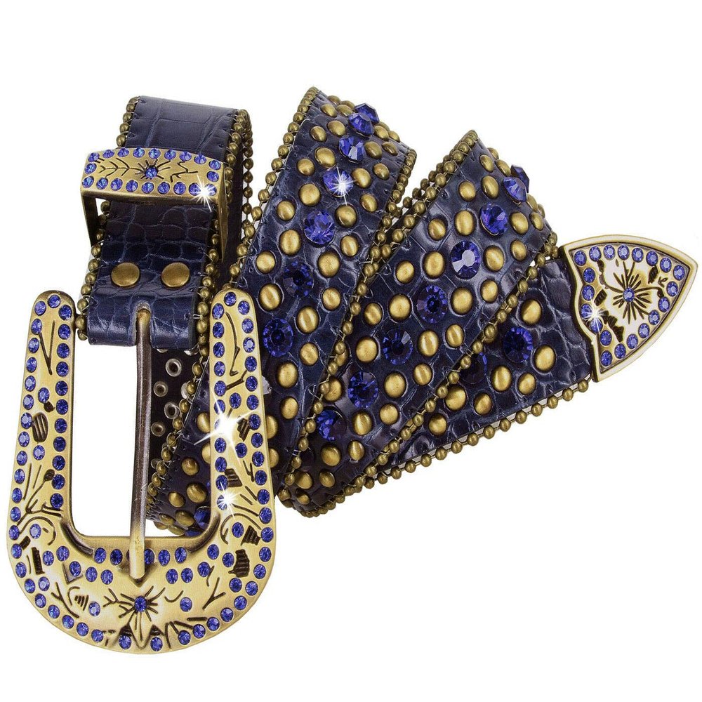 35116 Women's Belts Rhinestone Belt Fashion Western Cowgirl Bling Studded Design Leather Belt 1-3/8"(35mm) wide (Royal Blue/Brass, 34'' M)
